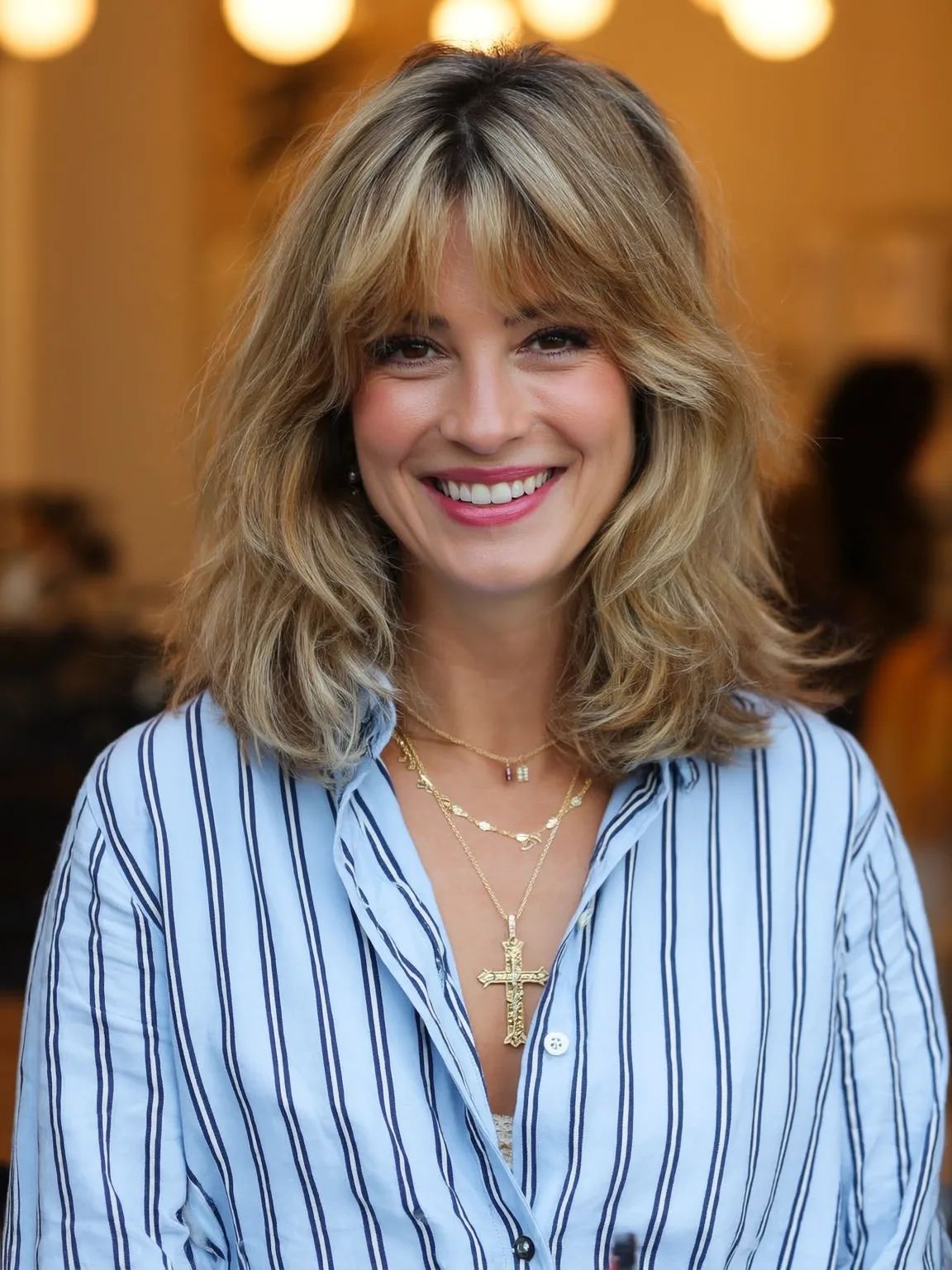 Voluminous Shoulder-Length Lob with Sandy Blonde Highlights